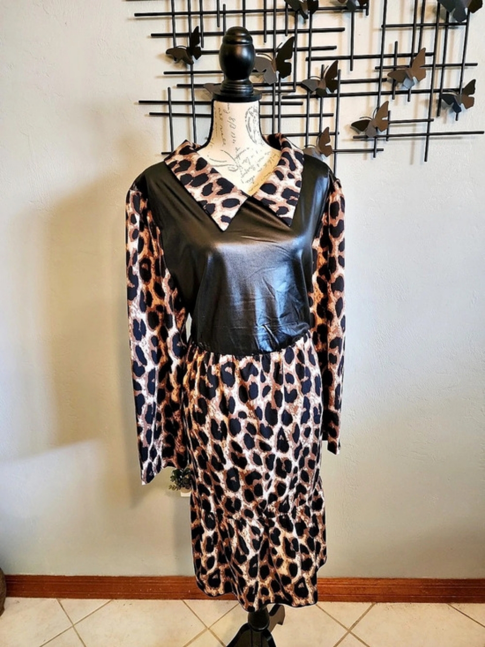 SHEIN CURVE Leopard Print Faux Leather Panel Mini Dress Size